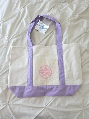 NWT Trader Joe's Large Canvas Tote Bag, Lavander, Cream